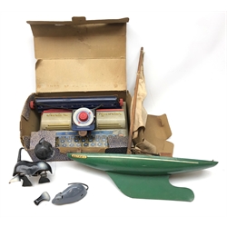  Tri-ang clockwork Black Cat & Butterfly, Tri-ang Minic clockwork Mouse, Marx Lumar Junior child's tin-plate typewriter L28cm, boxed, and Astra-1 pond yacht with green painted wooden hull and metal keel and cloth sails L40cm   