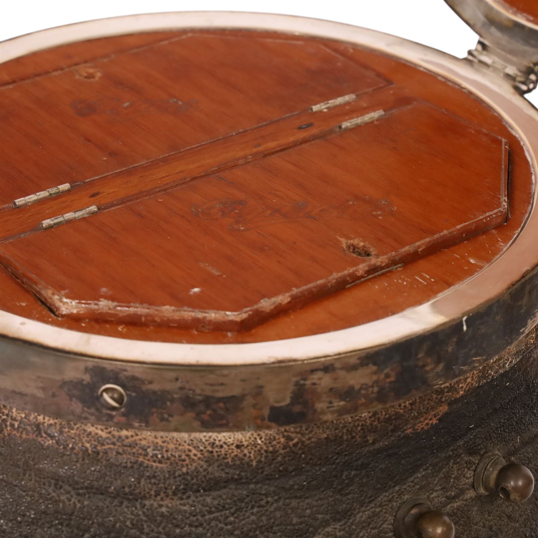 Taxidermy: 19th century elephant foot cigar case, the hinged wooden lid opening to reveal two lidded compartments