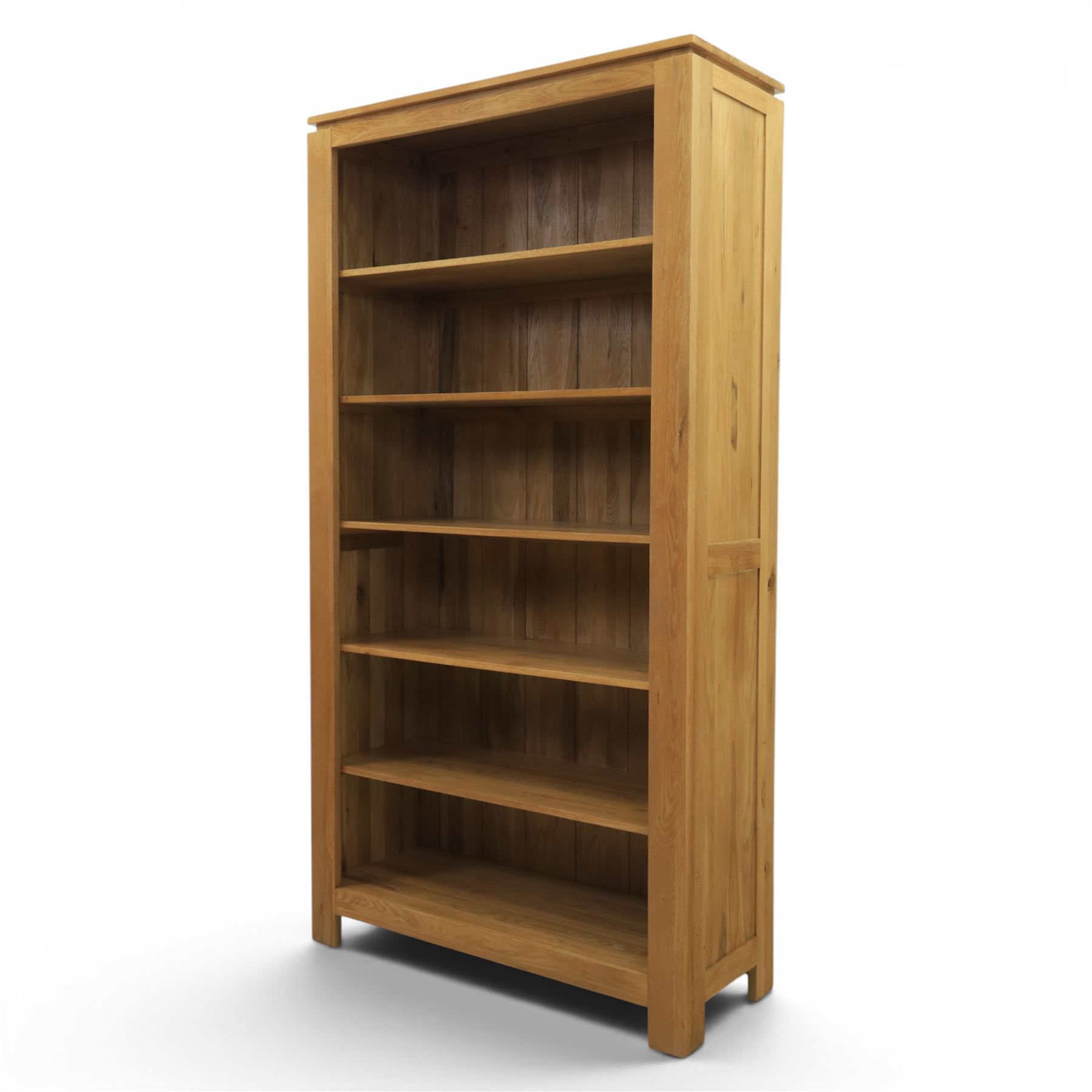 Solid light oak open bookcase, fitted with six open shelves