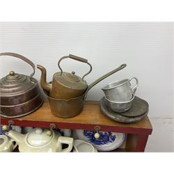 Miniature pitch pine Welsh dresser with open plate rack over two cupboard doors, displayed with Ridgways Humphrey's Clock pattern and other doll's blue/white tea ware, copper kettles and pan etc W41cm H72cm