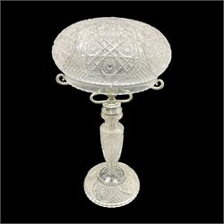 Cut glass table lamp base, of tapering form upon circular base, with conforming cut glass domed lamp shade, H45cm