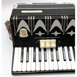 GDR Firotti piano accordion with black and silver case, sixteen keys and forty-eight buttons L38cm; in simulated reptile skin case with sheet music