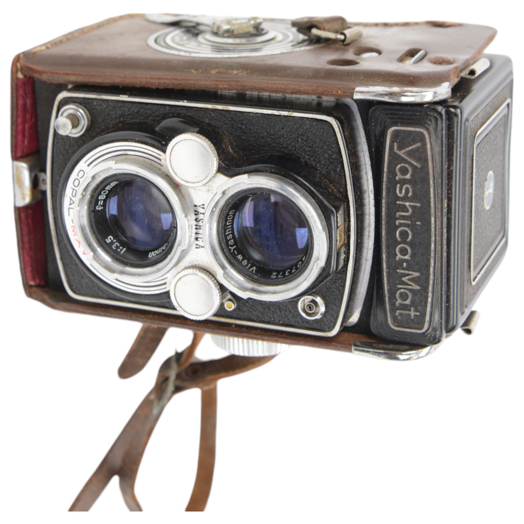 Yashica-Mat twin lens TLR camera body, serial no. 3040257, with twin Copal MXV Yashinon lenses 1:3.2 f=80mm and 1:3.5 f=80mm, with lens cap, in leather case, together with a Wray Supar f=4.5 lens