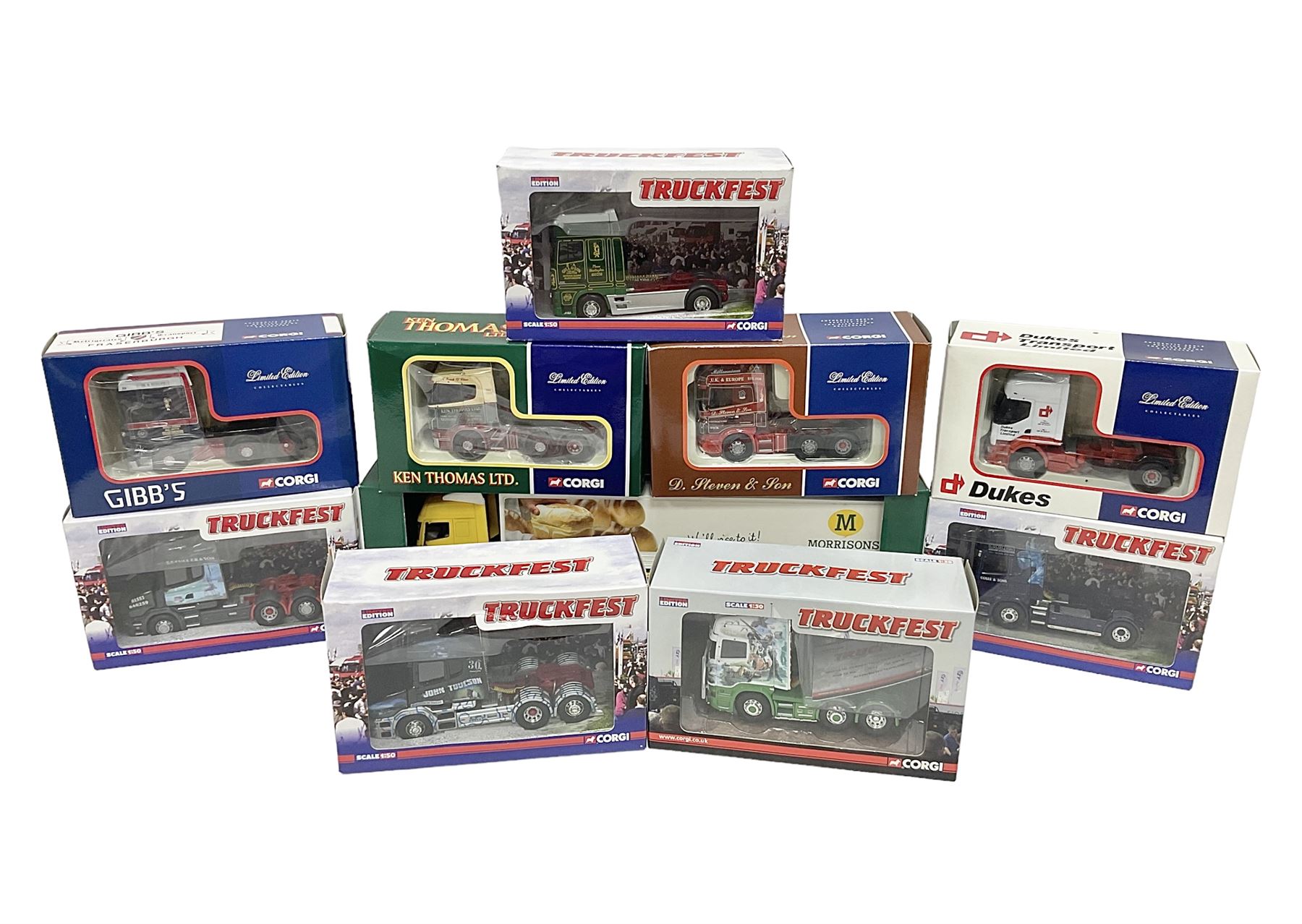 Corgi - nine limited edition die-cast heavy haulage tractor units including five Truckfest CC13223, CC13714, CC12817, CC12815 & CC13728; together with CC12214, CC12107, CC12904 & CC13210; and Morrisons promotional plastic delivery lorry; all boxed (10)