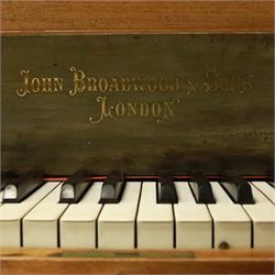 John Broadwood & Sons-20th century mahogany boudoir grand piano serial No 53529 (1920),  with twin square tapered legs and stretchers raised on brass castors, with an open fretted adjustable music desk and folding fallboard, conforming lyre with una-corda and sustain pedals, overstrung iron frame with original soundboard, action, hammers, dampers, felts, tuning pins and strings (two new base strings),  7-1/4 octave keyboard with 87 Ivory and ebonised keys (A0-B7), Tuned to concert pitch (A=440) however, requires tuning, action highly responsive with good repetition.

This item has been registered for sale under section 10 of the APHA Ivory Act Reference 4HSHGPGT