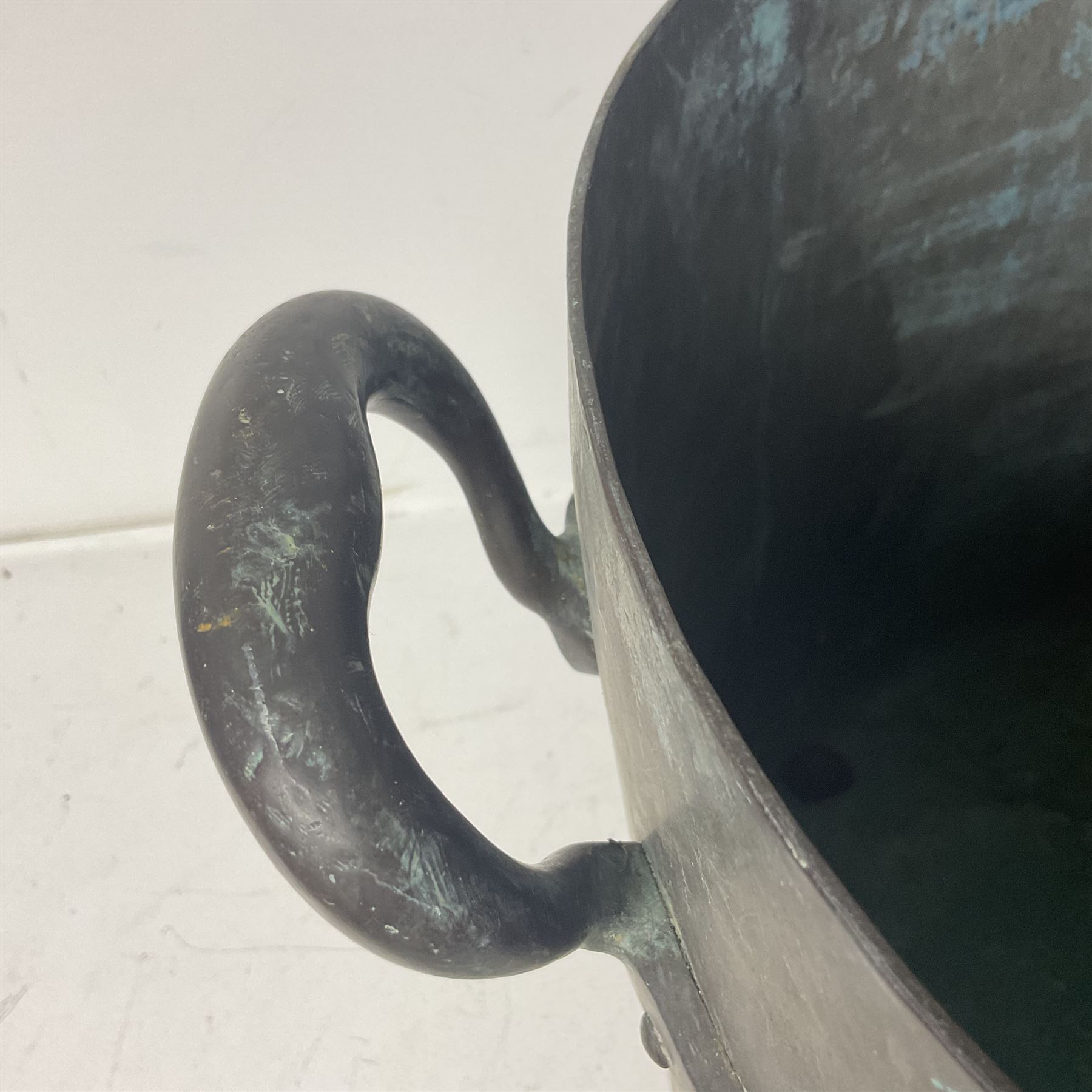 Twin handled copper boiling pan with fitting for a tap, H36cm, D39cm 