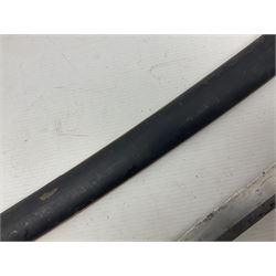 Good quality Japanese sword blade with later WWII fittings and scabbard  - 67.5cm slightly curving blade with unmarked tang, plain iron tsuba and lacquered grip with copper mounts; in lacquered wooden scabbard with tape bound tip L94cm overall