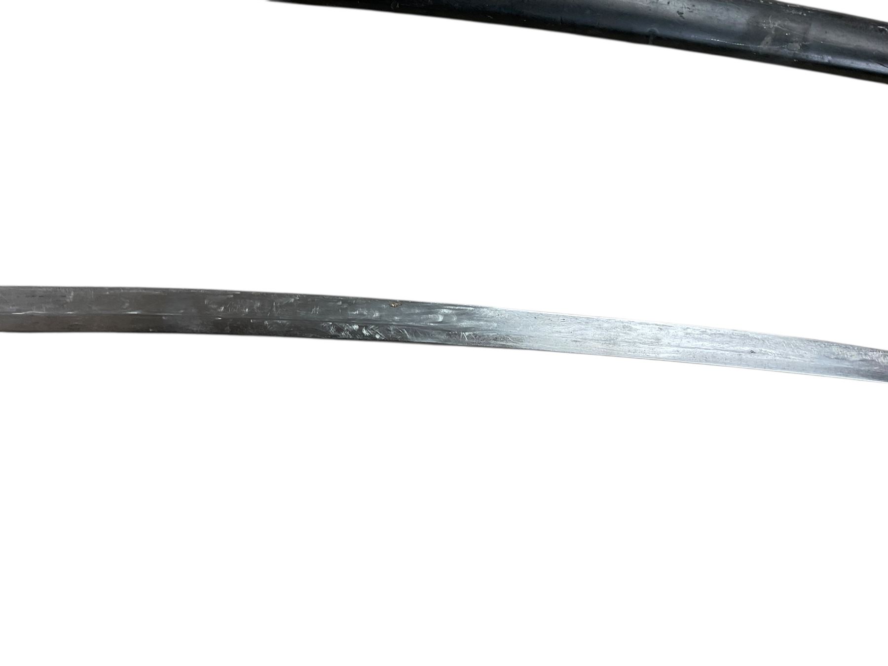 Replica Japanese katana with 63cm curved single edged blade in scabbard, overall L93cm, together with dagger with brass handle in a leather scabbard 
