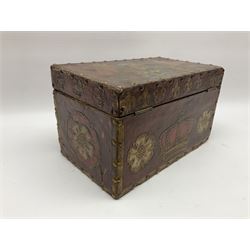 20th century box, decorated in faux leather with the royal coat of arms and GR 1719 to hinged cover, with fleur-de-lis, lion, crown and rose motifs throughout and studs to all edges, opening to reveal a purple velvet interior containing three removable wooden trays, H18.5cm