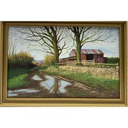 Robert Wood (British 20th century): 'The Lane Silpho' & two other North Yorkshire Farm scenes, three oils on canvas & board signed and dated (19)89/92/93, 28cm x x 44cm diminishing (3)