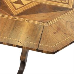 Mid-20th century Italian marquetry inlaid walnut centre table, octagonal top decorated with radiating panels and central foliate roundel, crossbanded borders with line inlay, raised on turned column and tripod base