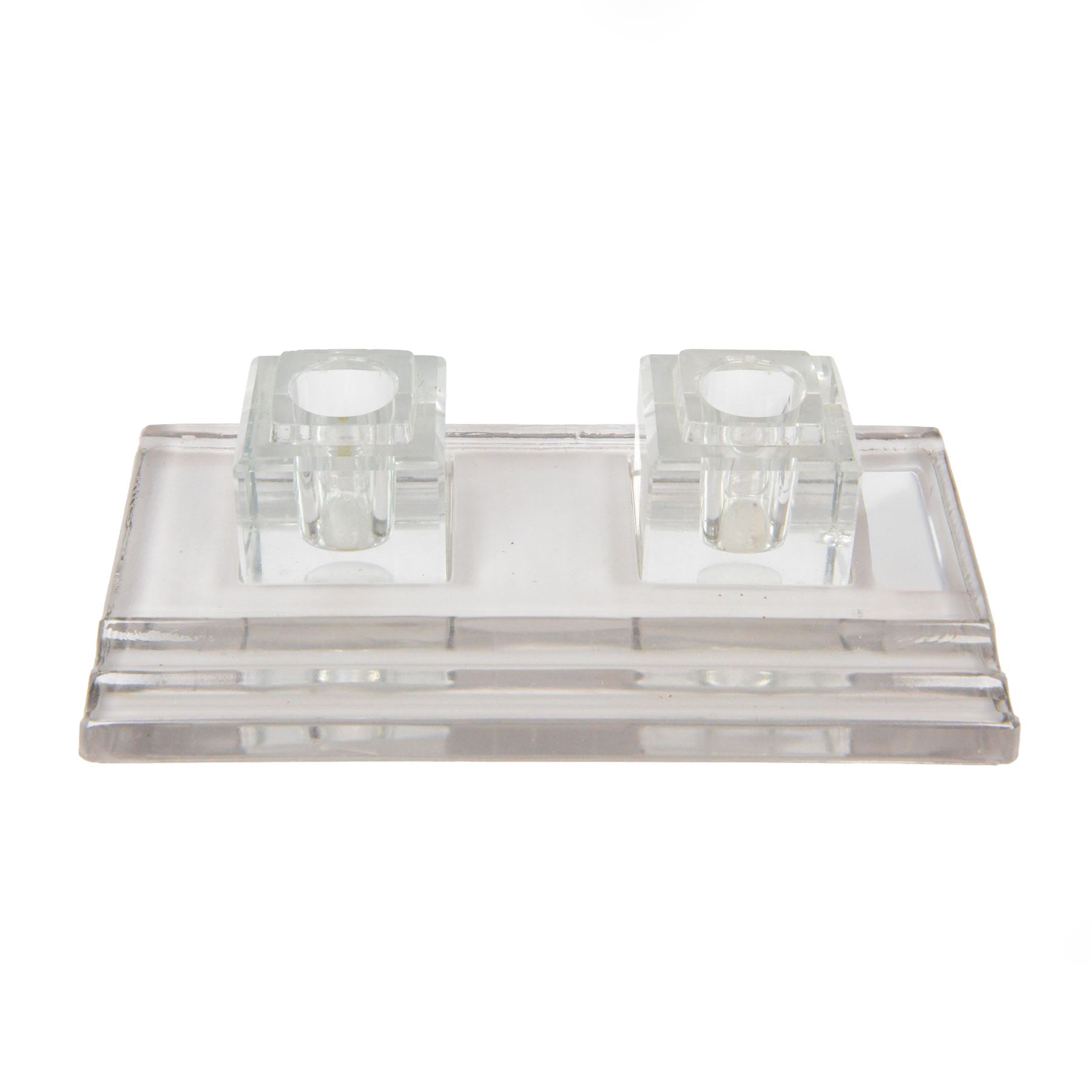 RCR lead crystal Art Deco style desk stand, with two square inkwells and two pen trays, H7cm, W28cm