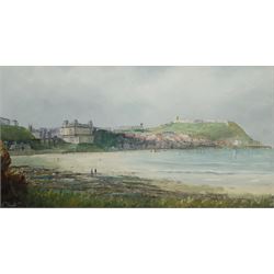 Robert Sheader (British 20th century): Figures on the South Bay Scarborough, oil on board signed 31cm x 59cm