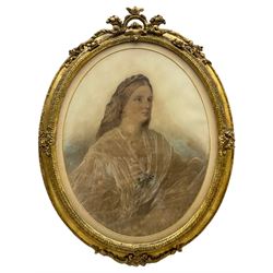 JM Rogers (British exh.1882): Half Length Portrait of a Young Lady, oval pastel signed and inscribed 'London' 47cm x 37cm in original ornate gilt frame 
Notes: Miss JM Rogers is listed as exhibiting at the Walker Art Gallery Liverpool in 1882, from 56 Berners Street, London.