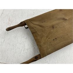WW1 British casualty stretcher with iron mounted pitch pine sides and canvas base; stamped 'HL1917' and L7 with broad arrow in a triangle L236cm ( reputedly recovered from a barn at Bapaume on The Somme)
