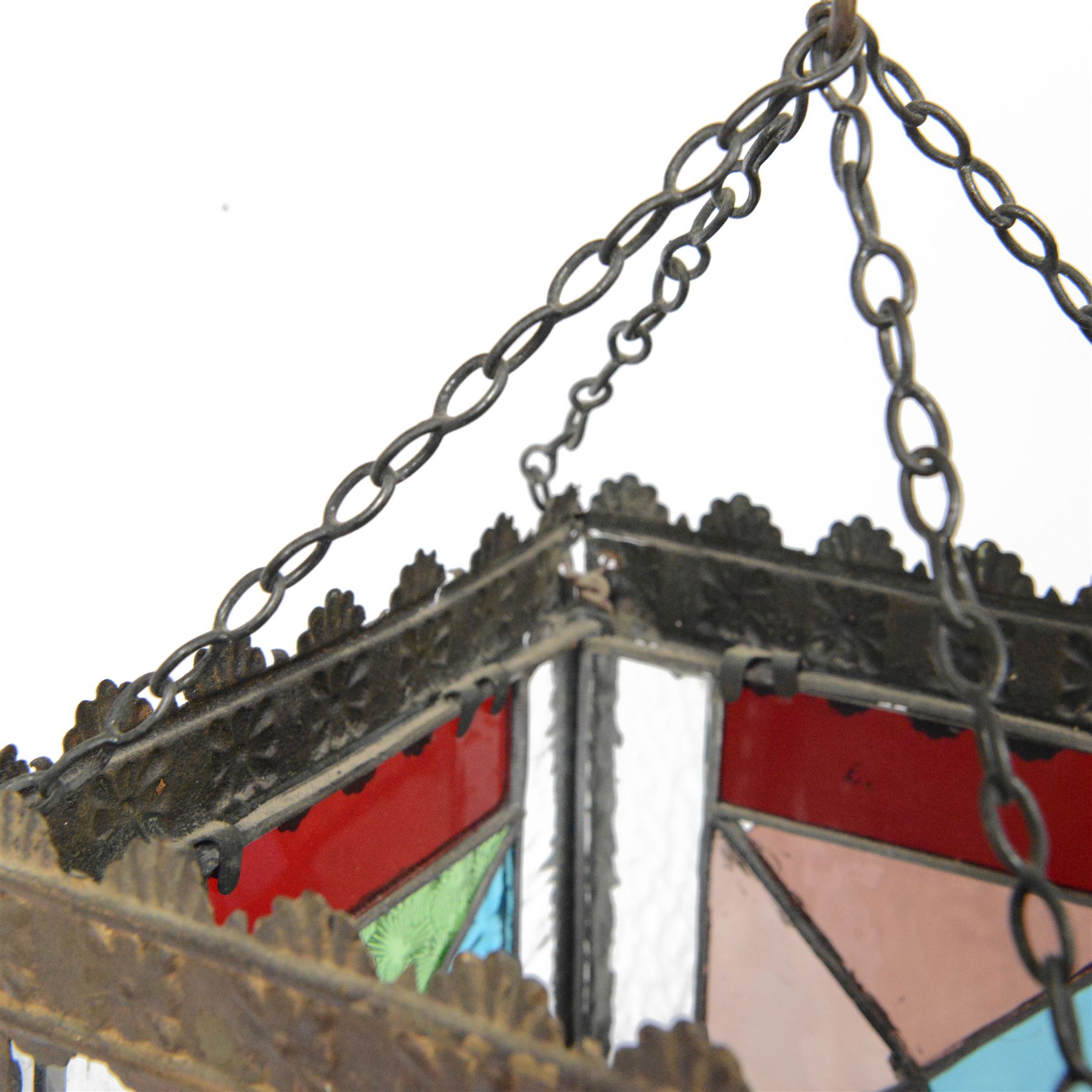 Edwardian metal framed hanging hall lantern, of rectangular form, with leaded stained and clear glass panels, H28cm