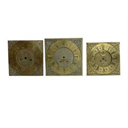 Four 13” painted 19th-century break arch longcase clock dials with one circular 12” American wall clock dial, plus two 11” and one 10” 18th-century brass longcase dials.