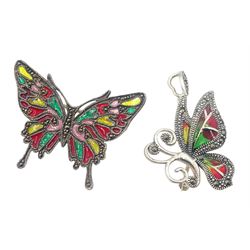 Silver plique-a-jour and marcasite butterfly pendant/brooch and one other similar brooch, both stamped 925