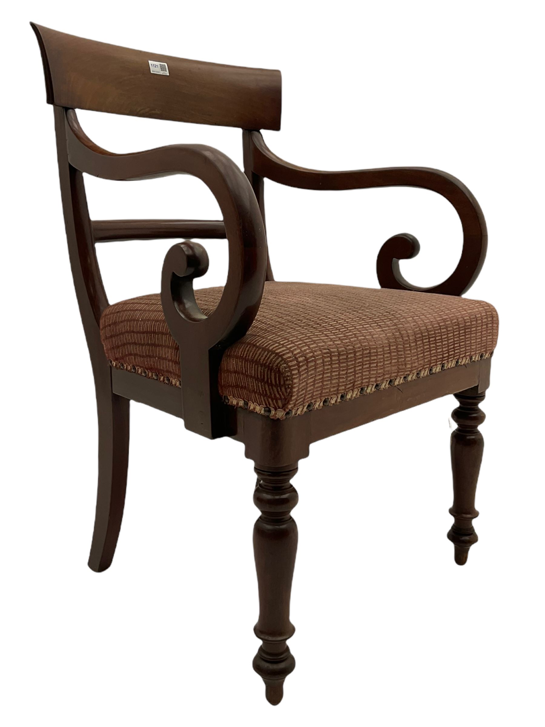 Late Victorian mahogany elbow chair, curved cresting rail over scrolled