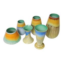 Six Shelley drip glaze vases of various shapes, largest H24cm 