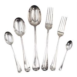 1930s matched set of silver Hanoverian pattern flatware, each with rattail bowls, to include four table spoons, twelve dessert spoons, twelve table forks, twelve dessert forks, twelve teaspoons and twelve coffee spoons, all hallmarked with various makers and dates 