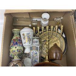 Set of metal weighing scales, pair of Chinese style ceramic table lamps, blue and white ceramics, oriental ceramics and a collection of other glassware, metal ware and collectables, in five boxes 