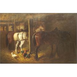 John Atkinson (Staithes Group 1863-1924): Horses and Chickens in a Stable, oil on canvas signed 30cm x 45cm
