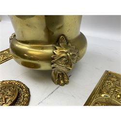 Brass jardiniere decorated with three lion masks above paws, together with a brass Chatwoods Quadruple patent Bolton safe plaque escutcheon by W. Tonks & Sons, and two repousse door finger plates