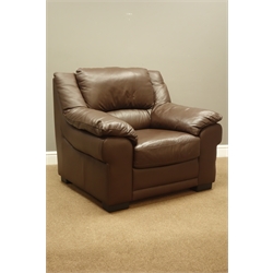  Two seat sofa (W150cm) and matching armchair (W95cm) upholstered in brown leather  