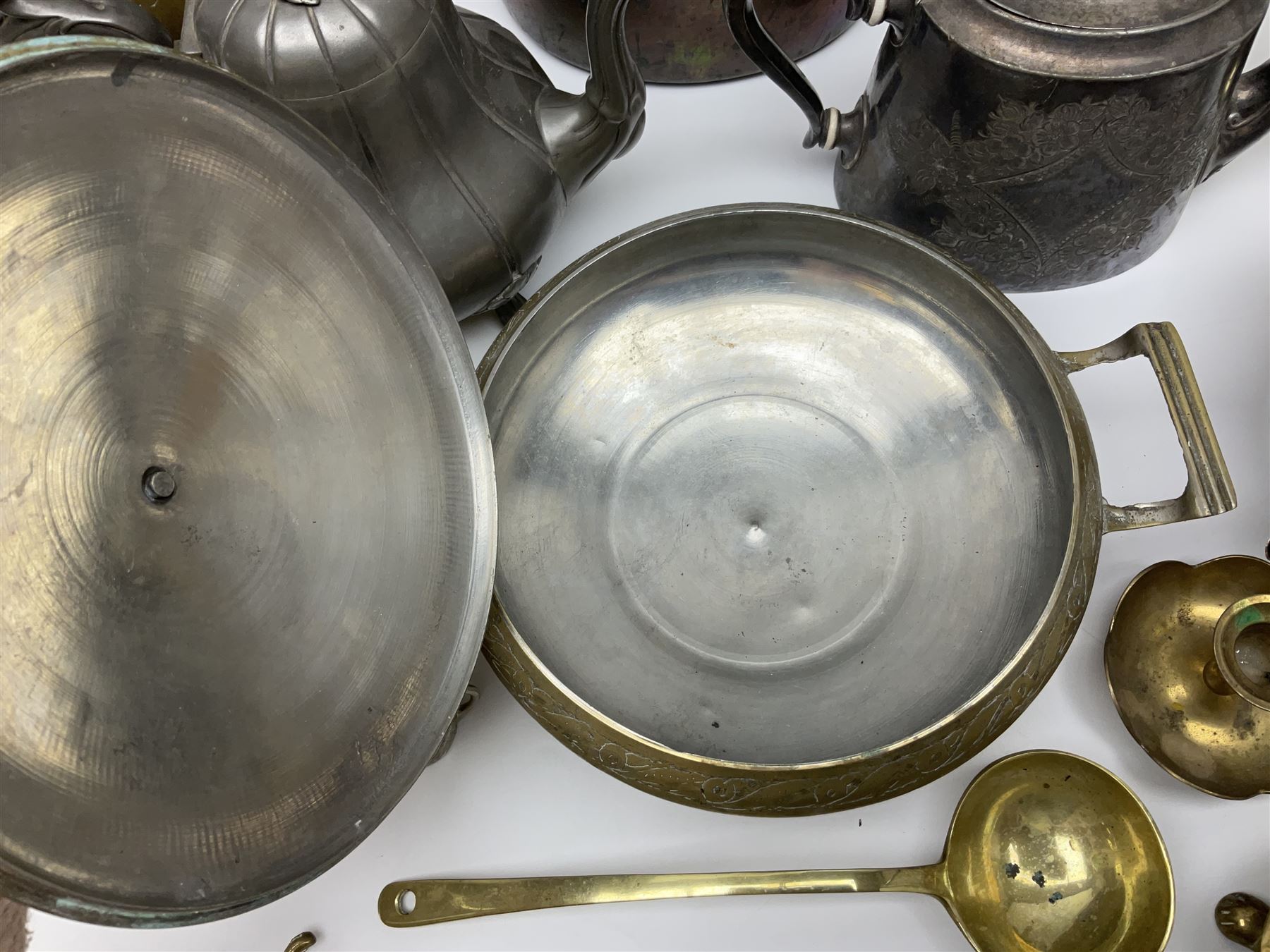 Collection of brassware, to include, kettles, jugs, owl figures etc