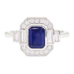 Platinum sapphire and diamond ring, single octagonal cut sapphire of approx 1.15 carat, fl...