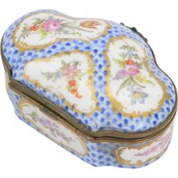 Two 19th century porcelain trinket boxes, comprising blue and white Delft example with courting scene to cover and a Meissen style example, hand painted with floral sprays on a blue scale ground, tallest H4.5cm 