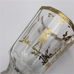 Three 18th century wine glasses comprising a plain stemmed glass with bell shaped bowl and conical folded foot H16cm, another plain stemmed glass with ogee bowl and folded foot and a Continental glass with gilt faceted bowl, decorated with male figure within a landscape, on a clear Silesian seven sided cut stem (3)