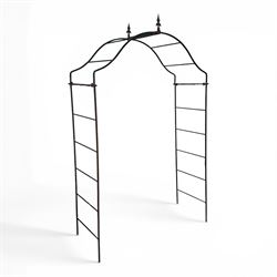 Antique wrought iron strapwork garden arch, with scroll form arched top with spearhead finials, over integral side trellis panels, in distressed black-painted finish
