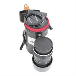 Collection of camera lenses, including Tamron 1:3.5 f=200mm, Makinon MC Zoom 1:3-4.5 35mm-105mm, Topcor 1:4 f=100mm, Acall 6.5mm f:1.4 wide angle lens, etc