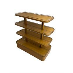 Early to mid-20th century Art Deco design oak shop display stand, fitted with four tiers, the middle two adjustable, with chrome gallery 