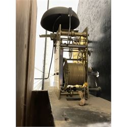 Richardson of Selby - late 19th century oak and mahogany longcase clock c 1860, with a swan necked pediment and brass paterie, break arch hood door flanked by ring turned pilasters,  oak trunk with crossbanding and a small inlaid trunk door, tall plinth with panel inlay with a shaped base,
painted dial with depictions of matching farm animals to the spandrels and a dog and small child to the arch, with Roman numerals, minute track, stamped brass hands, calendar aperture and seconds dial, weight driven rack striking movement, striking the hours on a bell. With weights and pendulum.