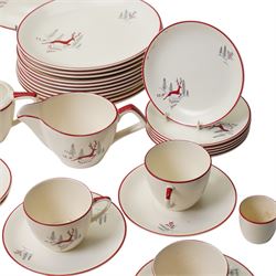 Various Crown Devon Fieldings Stockholm Deer pattern 1950s tea and dinner wares, popularised by Nigella Lawson, comprising a 40 plates of graduating sizes, 18 saucers, 15 bowls, two teapots, large serving bowl, egg cups, milk jugs, sucrier, 10 teacups and two larger mugs, etc
