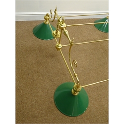  Billiard table light fitting, six lights with green painted enamel shades and polished tubular frame, L204cm x W107cm   
