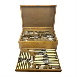 Mappin & Webb silver plated canteen of cutlery, the oak case with hinged lid two two removable trays, and sunken brass handles, H19cm, L52cm