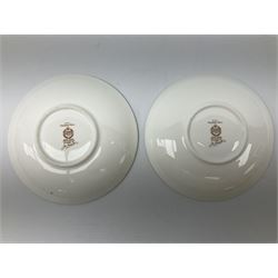 Minton Haddon Hall pattern tea set, comparing teapot, two tea cups and saucers (5)