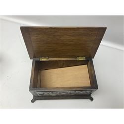 Three stationary boxes, including one oak box with removable tray, key and brass handle to lid, tallest H12cm