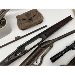 Assorted rifle and pistol spares; early Gem air rifle with sawn off barrel (piece present); telescopic sight; canvas/leather ammunition pouch; Mauser stock; barrel browning solution etc