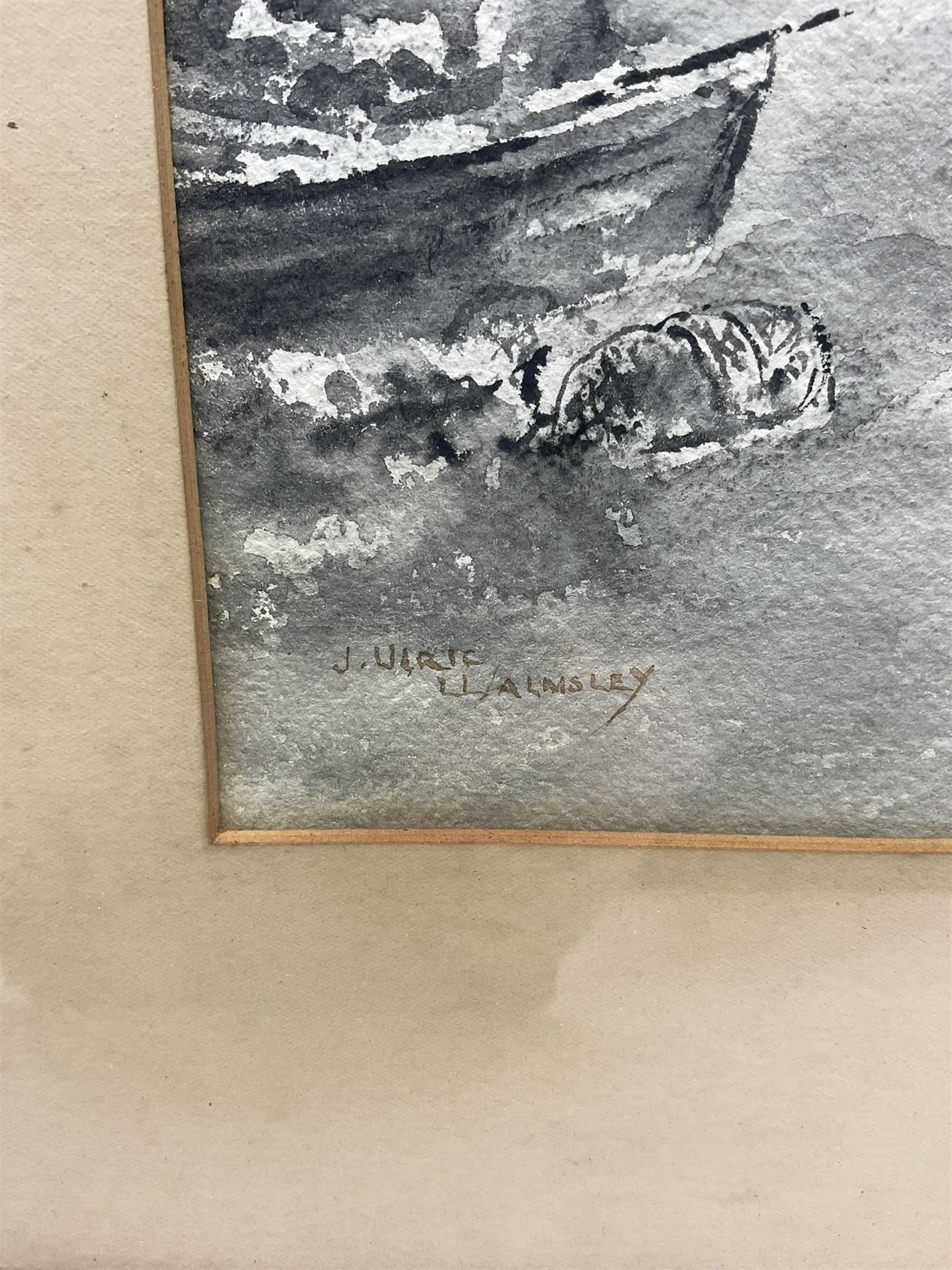 James Ulric Walmsley (British 1860-1954): 'South View Robin Hood's Bay', probably King Street, watercolour en grisailles signed, titled on original label verso with artist's address 'The Studio, Robin Hood's Bay' 26cm x 17.5cm