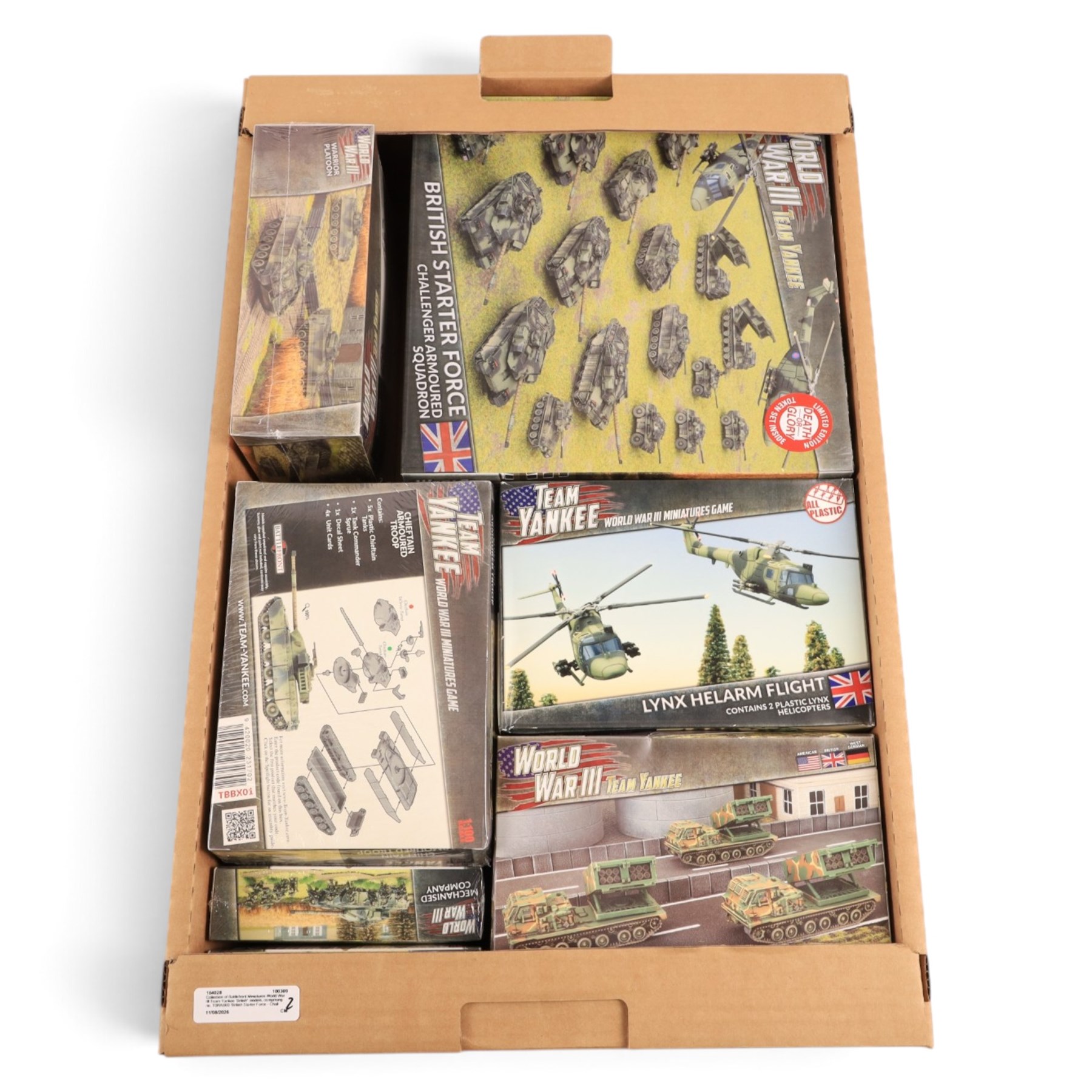 Collection of Battlefront Miniatures World War III Team Yankee 'British' models, comprising no. TBRAB03 British Starter Force - Challenger Armoured Squadron, no. TBBX07 Tracked Rapier Sam Section, no. TBBX12 Warrior Platoon, and others, mostly 1:100, all boxed