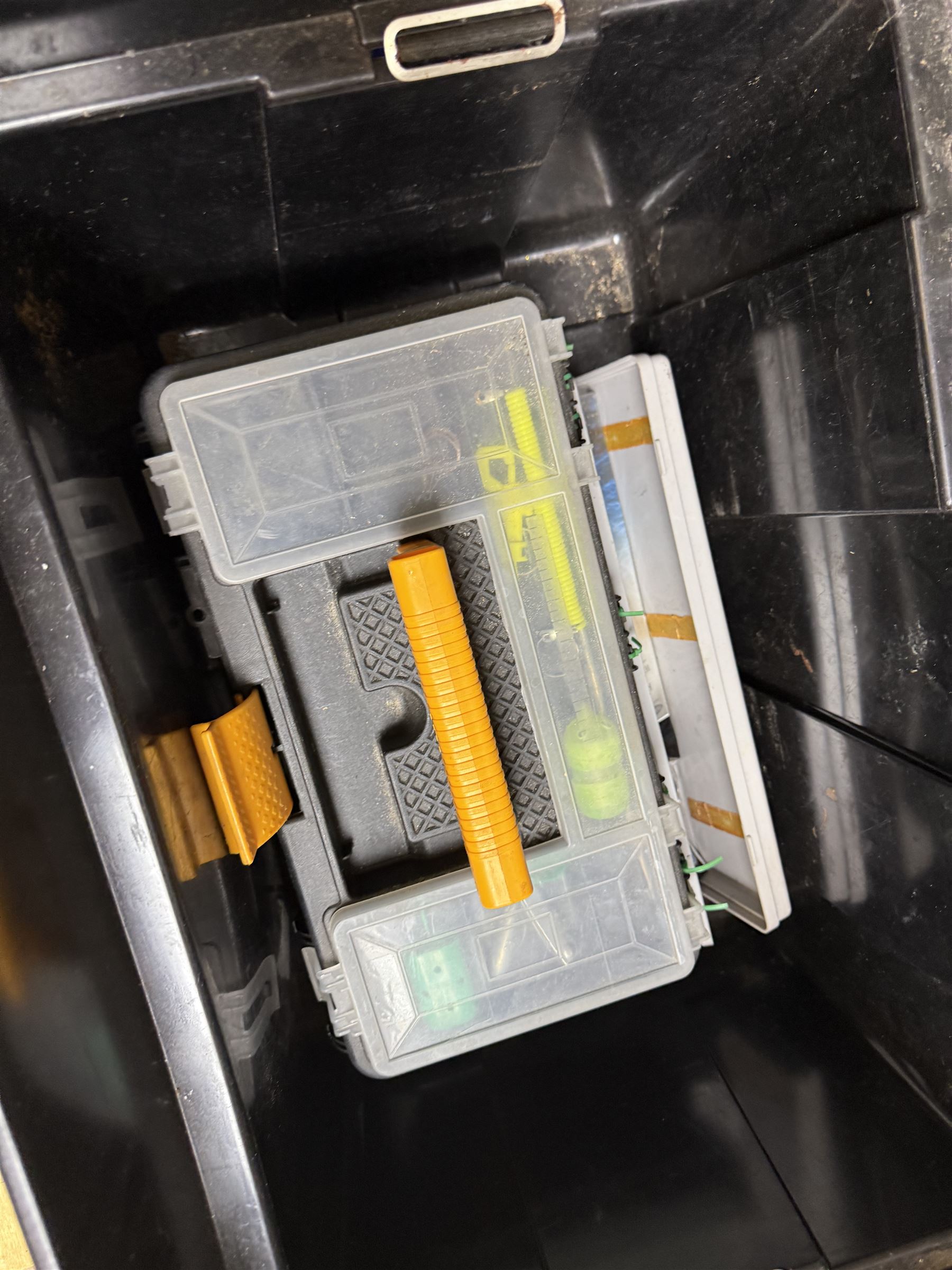 Fishing equipment, including two Fladen Vantage reels, split cane rod, hooks, line, lures etc, in Leeda plastic box and table top plastic drawers