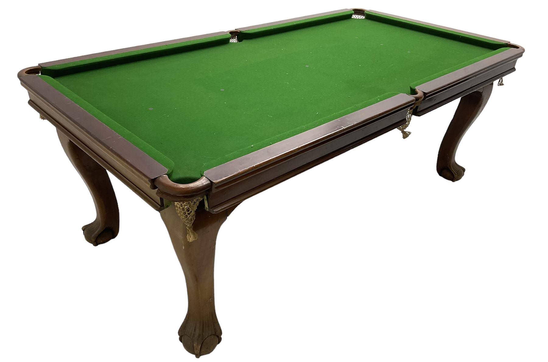 Riley - early 20th century mahogany snooker dining table, slate bed snooker table with dining leaves, on cabriole supports with ball and claw feet; together with accessories 