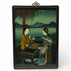 Pair of Chinese reverse glass paintings of three ladies in traditional dress and playing chess, Republic period, including frame 70cm x 49cm (2)