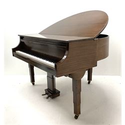 Early 20th century mahogany cased Strohmenger London baby grand piano, demi lune shape, over strung cast iron framed, raised on square tapered supports and castors 