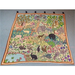  Large Crewelwork tapestry wall hanging decorated with a Jungle scene with Elephants, Antelope, Birds and other animals, 173cm x 176cm   